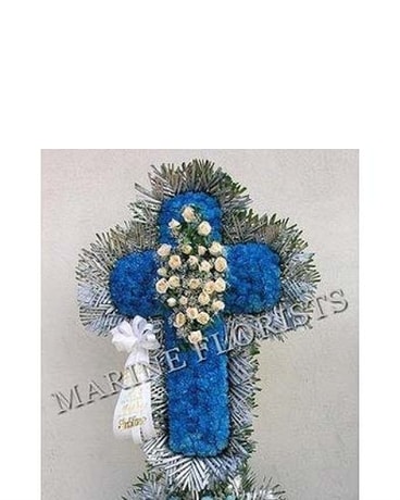 Funeral Cross - Deep Blue with White Roses