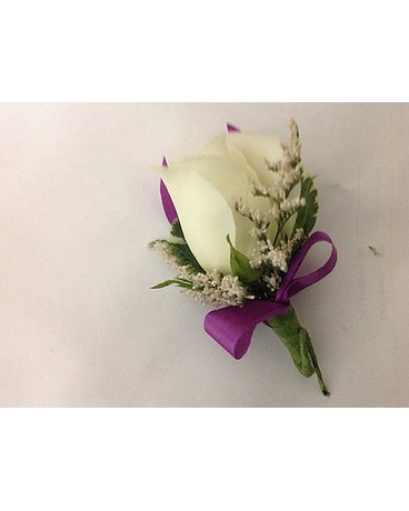 Boutonnière with white Rose & Magenta Ribbon