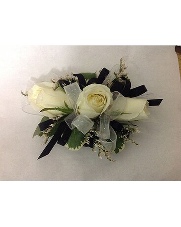 Corsage with Light Brown Ribbon & White Roses