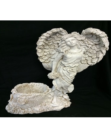 Standing Angel Holding Bouquet with Log Basket
