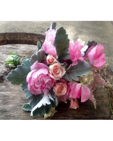 Pink Peony, sweet pea, astilbe and spray roses