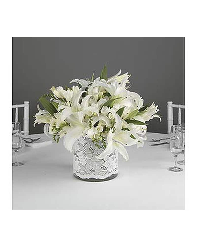White Lily Centerpiece with White Lace Accent in Nashville