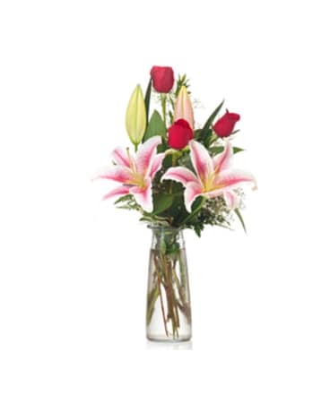 Buds and Blooms Roses and Stargazer Budvase Flower Arrangement