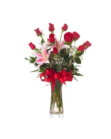Buds and Blooms Dozen Roses with Stargazer Flower Arrangement
