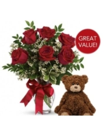 Buds and Blooms Half Dozen Roses with Plush Bear Flower Arrangement