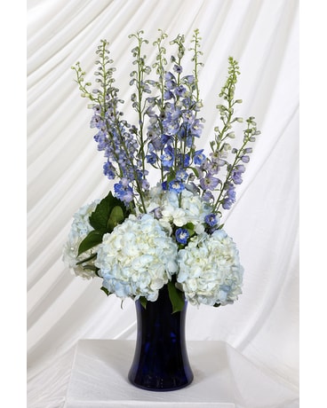 Vase Blue Hydrangea & Delphinium Flower Arrangement