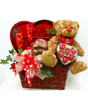 teddy bear and chocolate gift basket