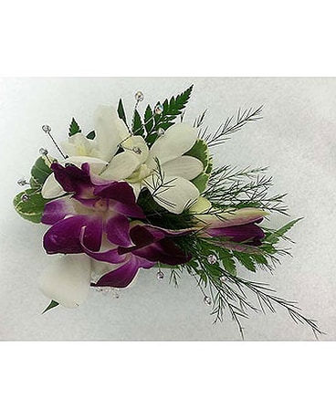 purple and white corsage