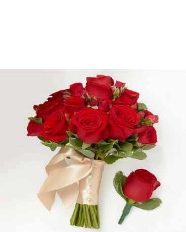 Rich Reds Bridesmaid Bouquet & Groomsman Boutonnie