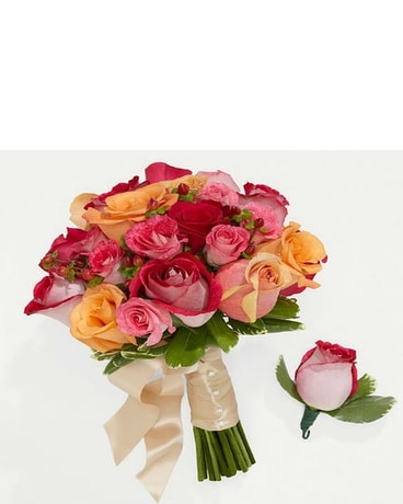 Bright Blush Bride Bouquet & Groom Boutonniere Flower Arrangement