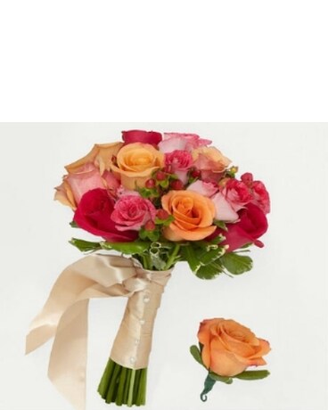 Bright Blush Bridesmaid Bouquet & Groomsman Bouton Flower Arrangement