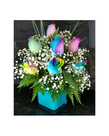R1003 Dozen Rainbow Rose In A Turquoise Cube Vase
