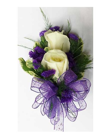 2 White Rose & Purple Statice Corsage