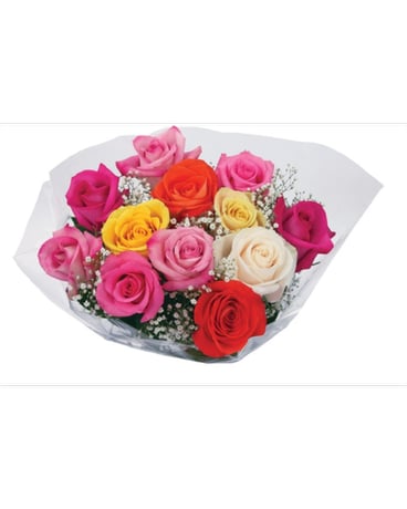 DV Bq Doz Mixed Colored Roses Wrapped Bouquet