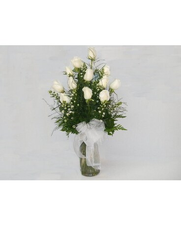 One dozen white roses.