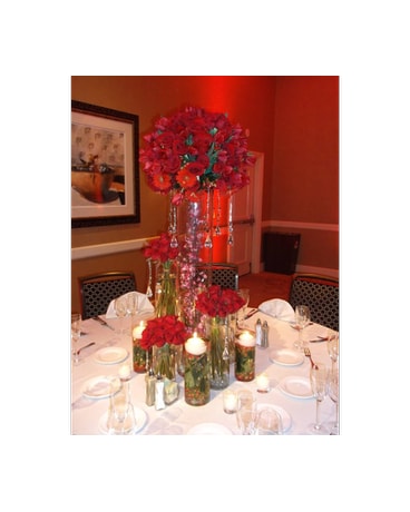 Lady in Red Flower Arrangement