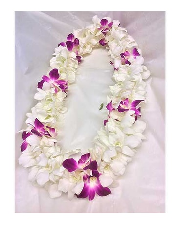 Double White Orchids Lei with Purple spacers