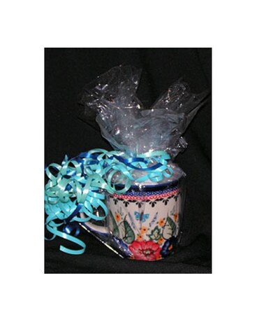 polish pottery mug with candy, butterfly and flowe