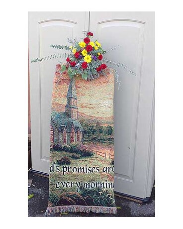 Afgan on Easel with Fresh Flowers