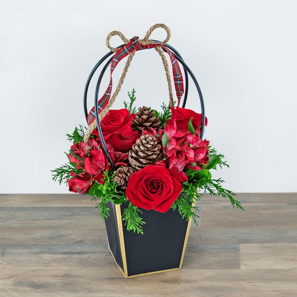 Piney Rose Holiday Tote in Fairborn OH - Hollon Flowers