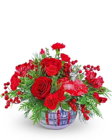 Snowy Cottage Ornament Keepsake Flower Arrangement