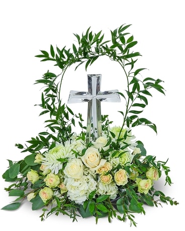 Shelter My Love with Crystal Cross Keepsake Flower Arrangement