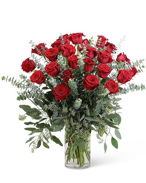 Romantic Red Roses Bouquet With Eucalyptus
