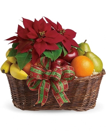 Fruit and Poinsettia Basket Flower Arrangement