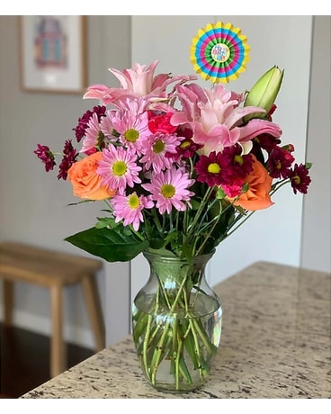 Happy Birthday Bouquet with Happy Birthday Topper Flower Arrangement