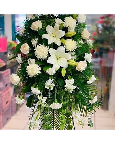 Standing Spray #38 All White Designer Choice Flower Arrangement