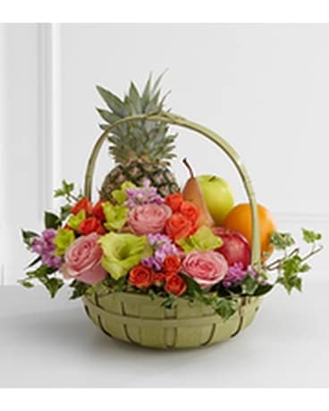 The FTD® Rest in Peace™ Fruit & Flowers Basket Flower Arrangement