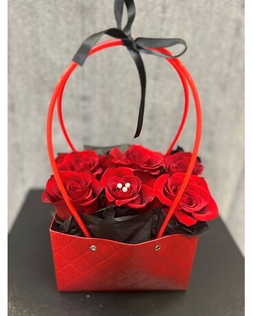 Red Purse with Red Roses Flower Arrangement