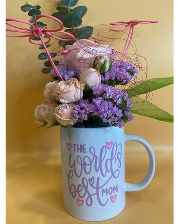 World's Best Mom with purple Flower Arrangement