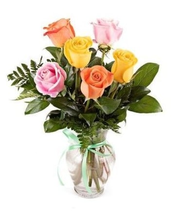 Six Mixed Roses (with vase) Flower Arrangement