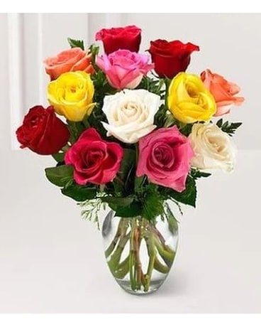 Twelve Mixed Color Rose Bouquet Flower Arrangement