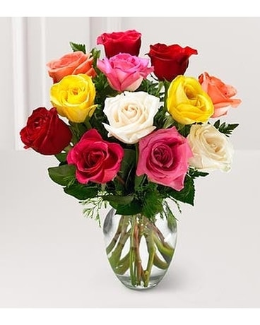 Twelve Colored Roses ( With Vase) Flower Arrangement