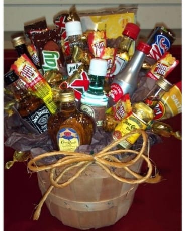 Liquor Gift Basket Flower Arrangement