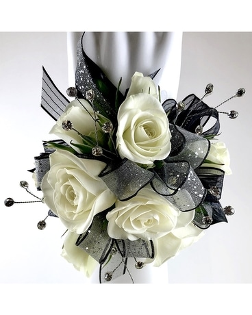 Nine White Mini-Rose Corsage with Rhinestones Flower Arrangement