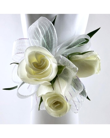 Three White Mini-Rose Corsage Flower Arrangement