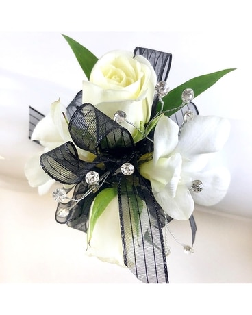 Two Mini-Roses and Two Orchids Corsage with Bling Flower Arrangement