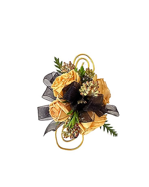 Four Toffee Mini Rose Corsage w/Gold Accents in Scottsdale AZ - Cactus Flower Florists Four Toffee Mini Rose Corsage w/Gold Accents in Scottsdale AZ - Cactus Flower Florists
