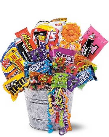 Junk Food Bucket Basket Arrangement