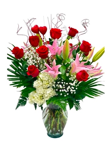 Roses and Pink Lilies by East Arrowhead Flower Arrangement