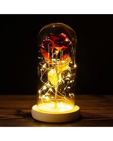 Red Silk Rose in Glass Dome with LED Lights Pine Gifts