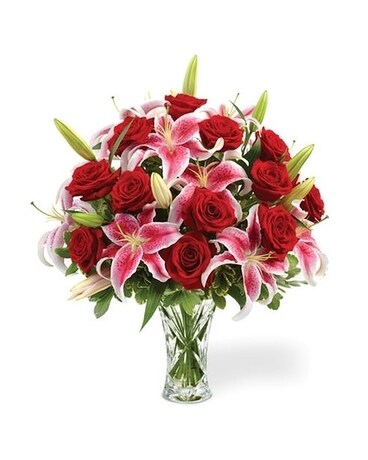 CRYSTAL VASE WITH ROSE & LILY BOUQUET Flower Arrangement