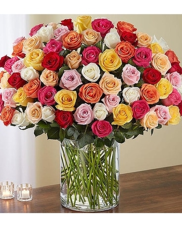 100 Premium Long Stem Multicolored Roses Flower Arrangement
