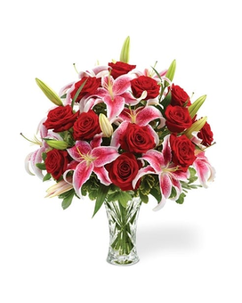 CRYSTAL VASE WITH ROSE & LILY BOUQUET Flower Arrangement