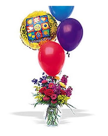 Balloons and a Boost Flower Arrangement