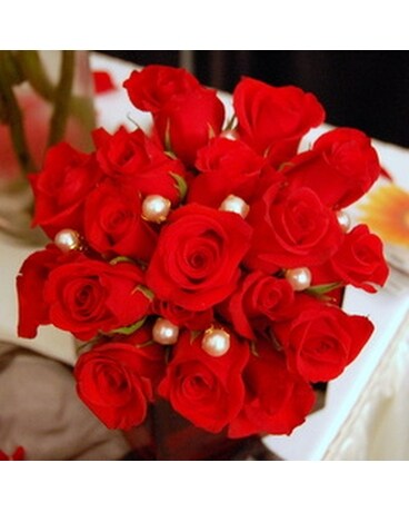 Red Roses With Pearls Flower Arrangement