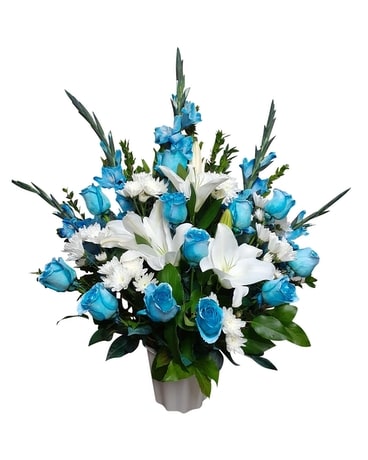 Cloudy Blue Sky Bucket Arrangement Flower Arrangement